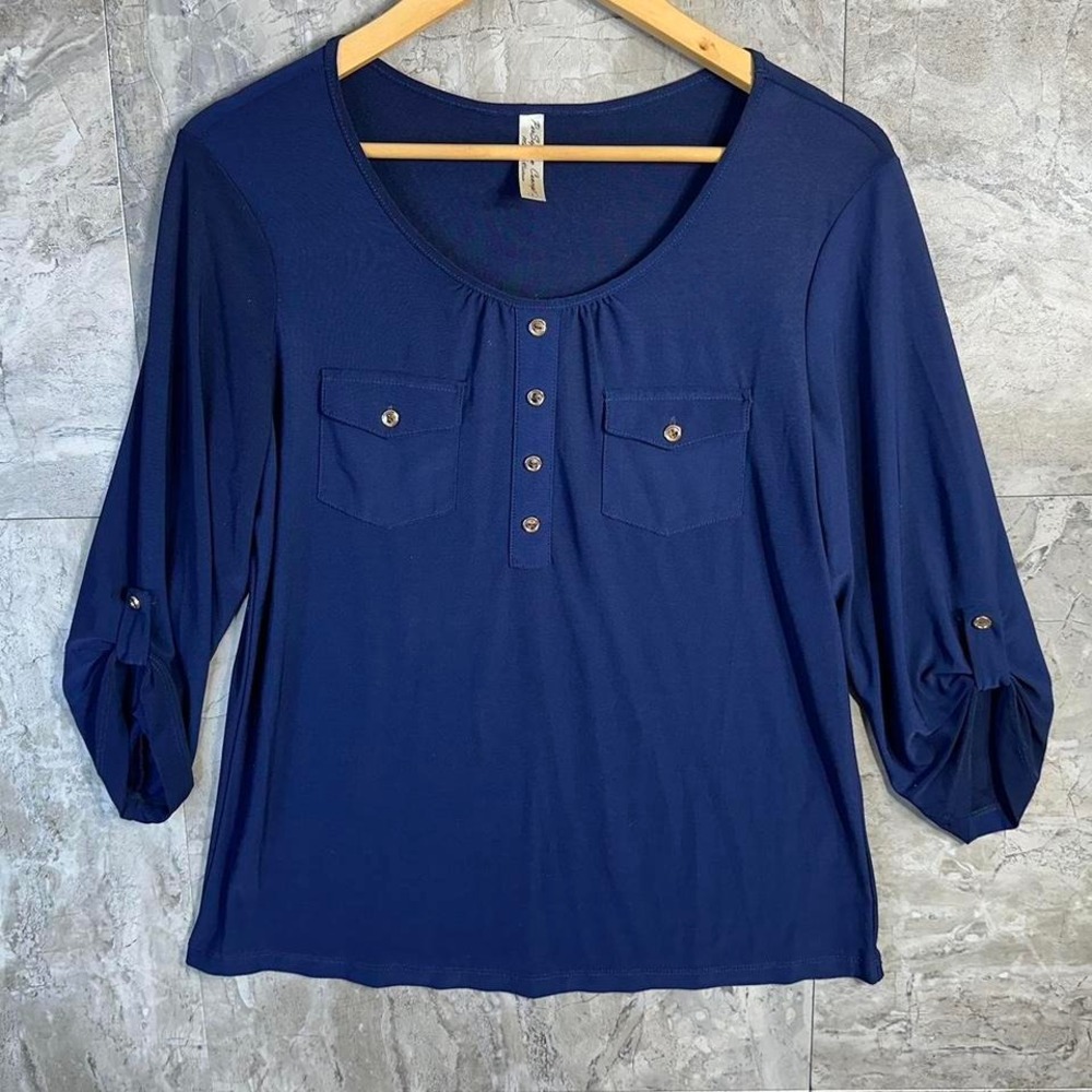 Navy long sleeve button up‎ blouse with 3/4 sleeves Woman's Large  #officechic